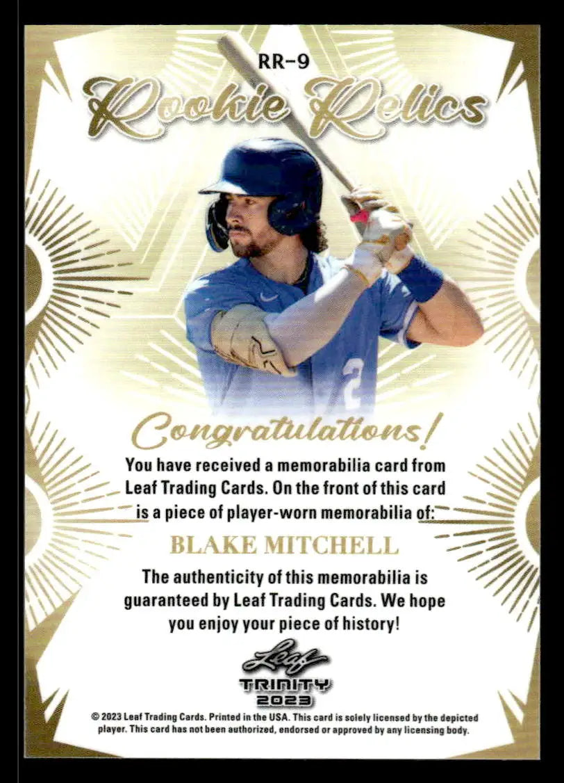 2023 Leaf Trinity #RR-9 Blake Mitchell Rookie Relics - Baseball Card Single