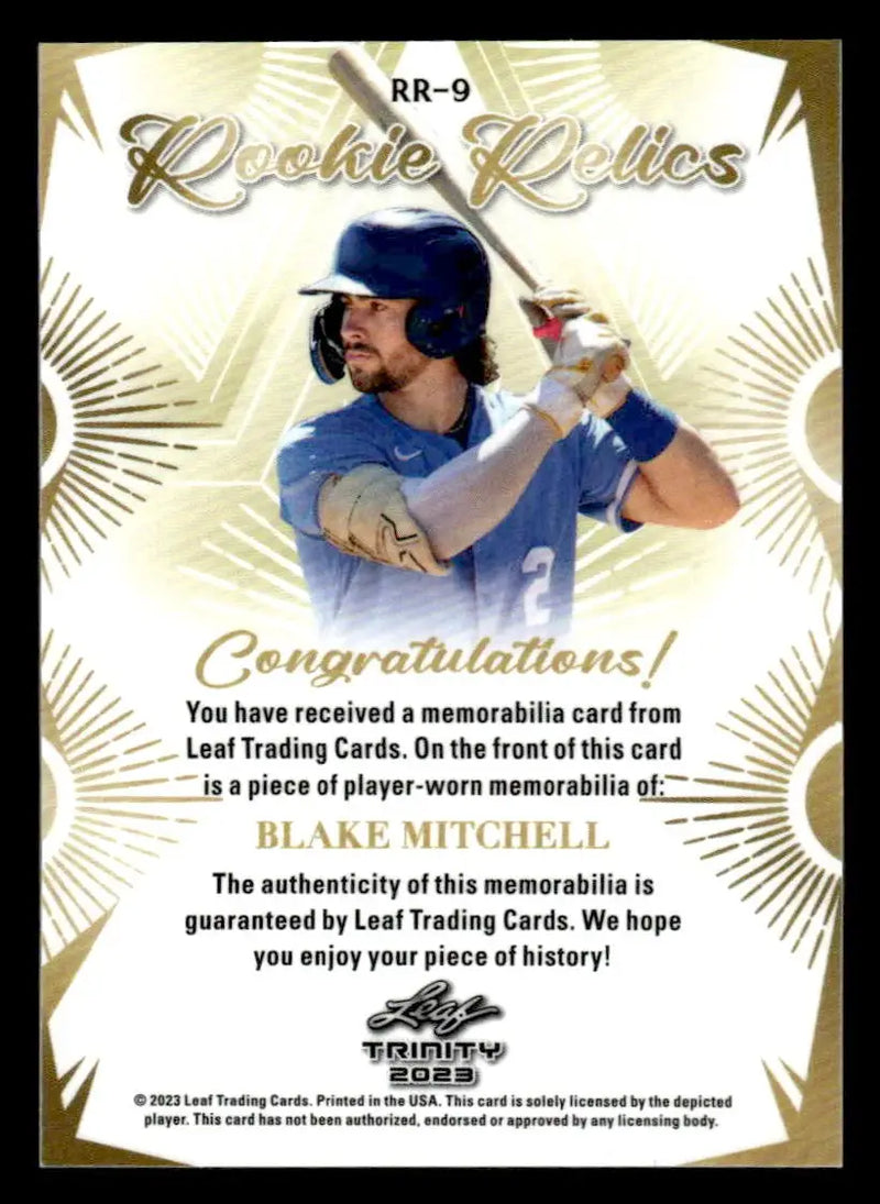 2023 Leaf Trinity #RR-9 Blake Mitchell Rookie Relics - Baseball Card Single