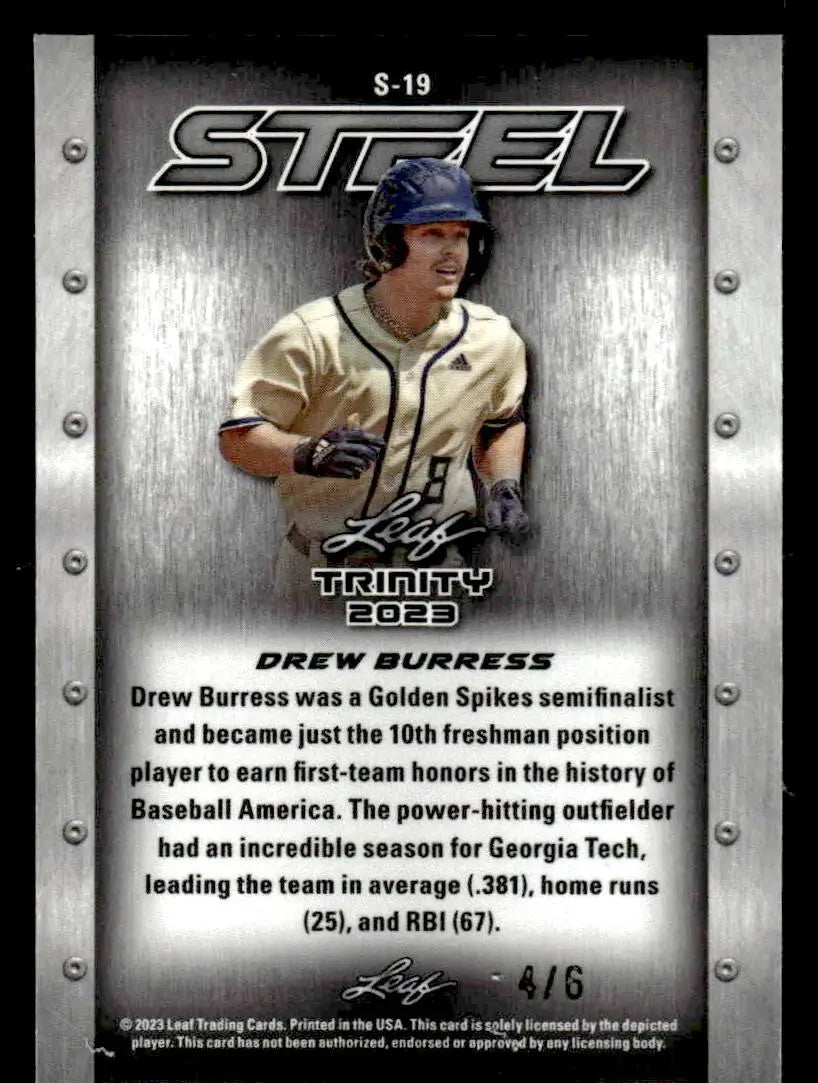 2023 Leaf Trinity #S-19 Drew Burress Steel Carbon Shimmer Orange #/6 - Baseball Card Single