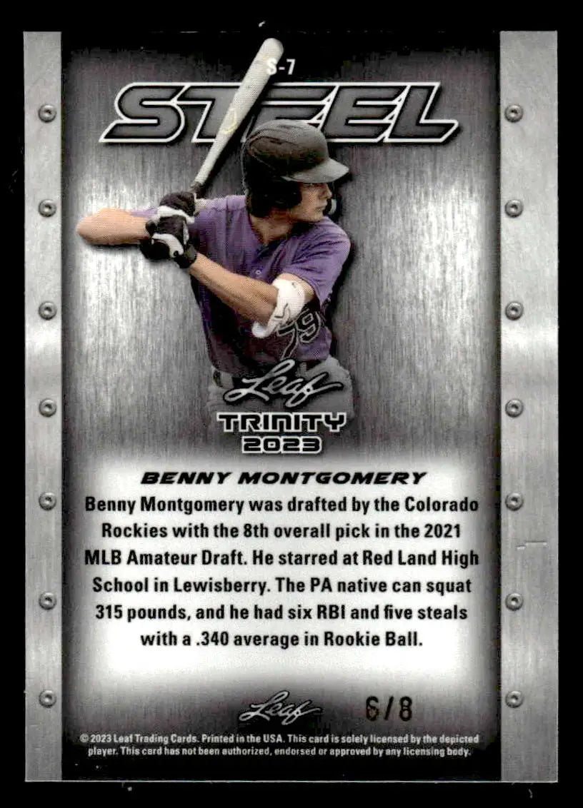 2023 Leaf Trinity #S-7 Benny Montgomery Steel Carbon Shimmer Purple #/8 - Baseball Card Single