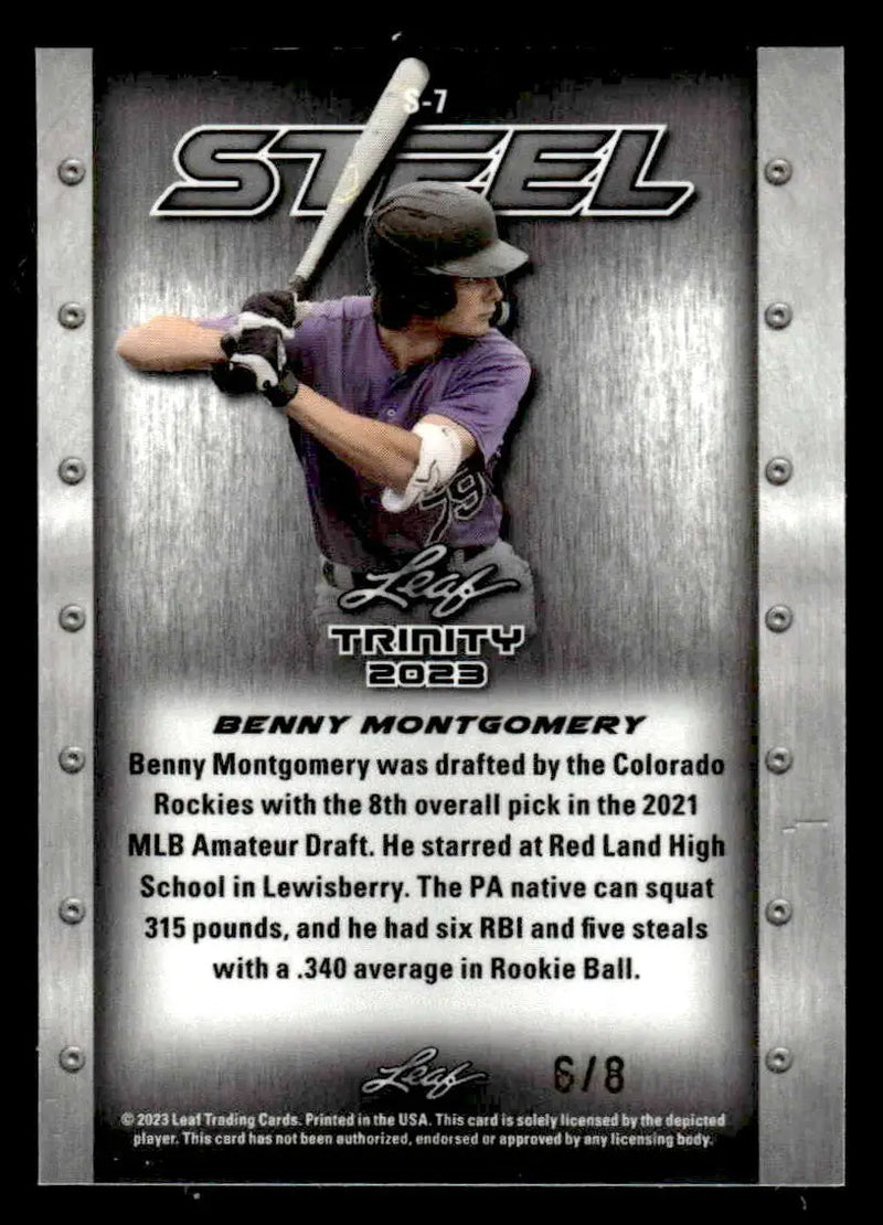 2023 Leaf Trinity #S-7 Benny Montgomery Steel Carbon Shimmer Purple #/8 - Baseball Card Single