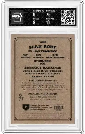 2023 Onyx Vintage Sean Roby #VASR Auto Black Signature 5/5 Arena Club 8 - Baseball Card Single