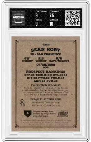 2023 Onyx Vintage Sean Roby #VASR Auto Black Signature 5/5 Arena Club 8 - Baseball Card Single