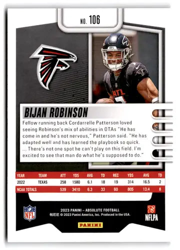 2023 Panini Absolute #106 Bijan Robinson NM-MT RC Rookie Falcons ID:67742 - Football Card Single