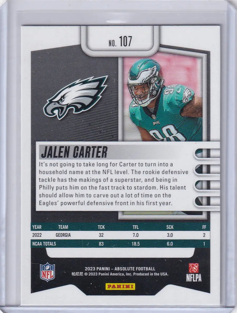 2023 Panini Absolute #107 Jalen Carter - Philadelphia Eagles