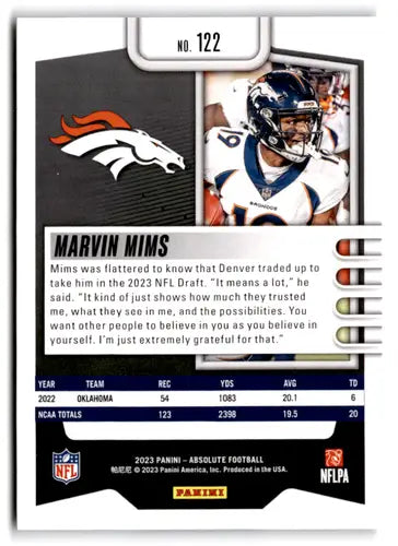 2023 Panini Absolute #122 Marvin Mims NM-MT RC Rookie Broncos ID:67744 - Football Card Single