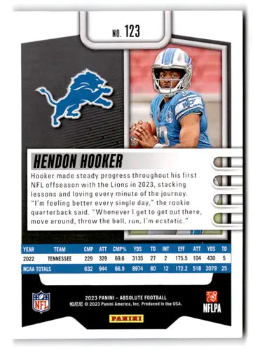 2023 Panini Absolute #123 Hendon Hooker NM-MT RC Rookie Lions ID:67745 - Football Card Single