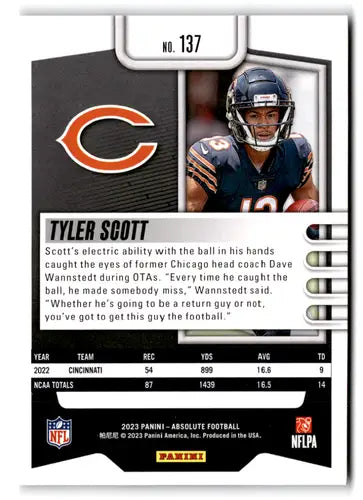 2023 Panini Absolute #137 Tyler Scott NM-MT RC Rookie Bears ID:67749 - Football Card Single