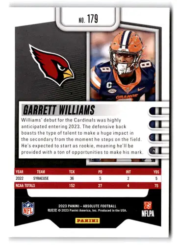2023 Panini Absolute #179 Garrett Williams NM-MT RC Rookie Cardinals ID:67755 - Football Card Single