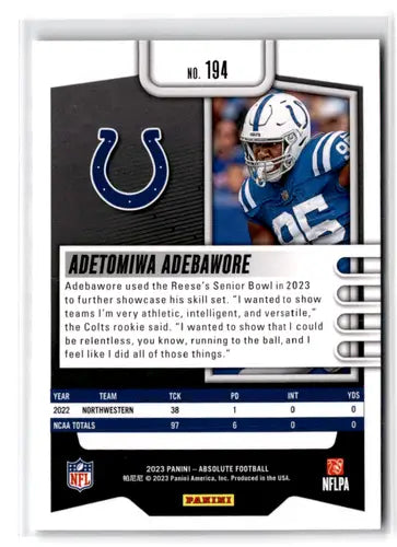 2023 Panini Absolute #194 Adetomiwa Adebawore NM-MT RC Rookie Colts ID:67759 - Football Card Single
