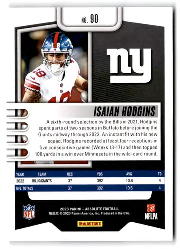 2023 Panini Absolute #90 Isaiah Hodgins NM-MT NY Giants ID:67735 - Football Card Single