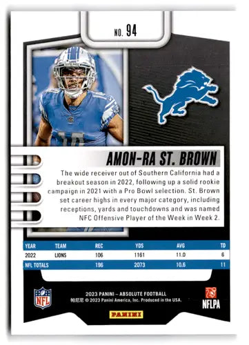 2023 Panini Absolute #94 Amon-Ra St. Brown NM-MT Lions ID:67739 - Football Card Single
