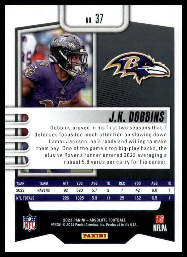 2023 Panini Absolute JK Dobbins #37 Baltimore Ravens Football Card NFL Sports - Football Card Single
