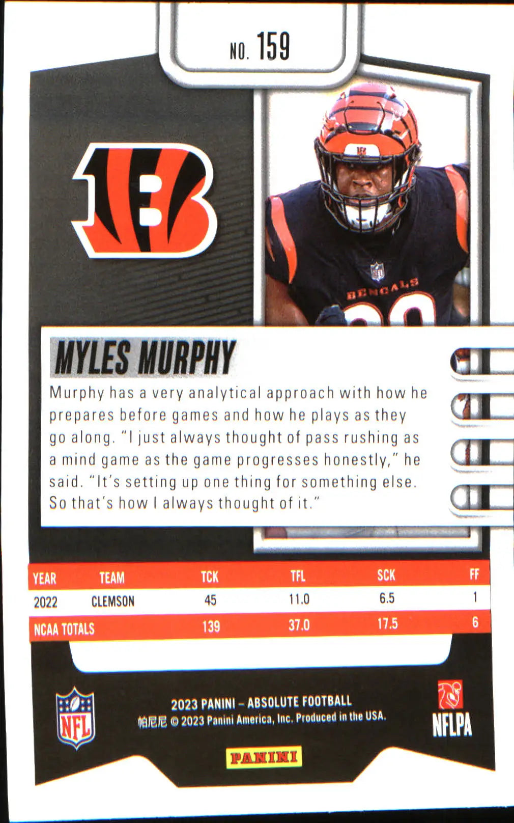 2023 Panini Absolute Retail #159 Myles Murphy Rookie Rookie