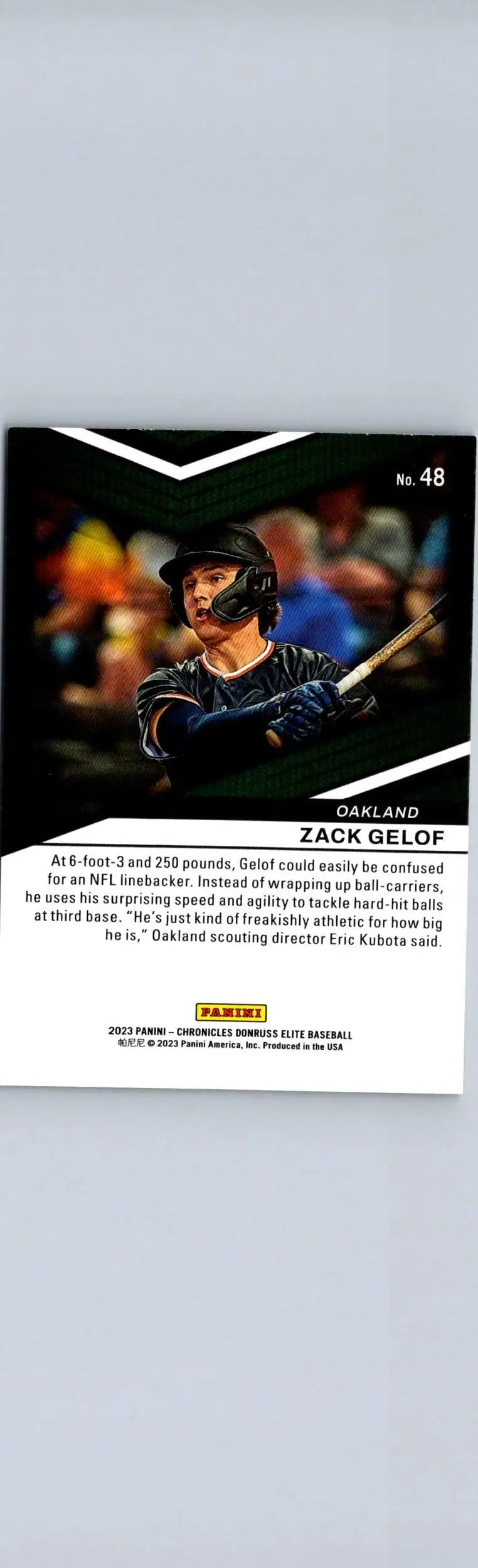Zack Gelof baseball card from 2023 Panini Chronicles Zack Gelof Elite collection