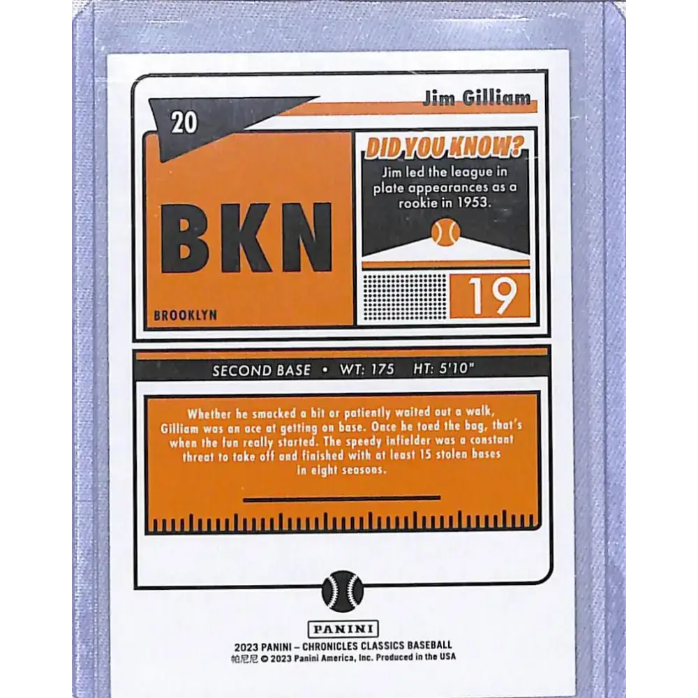 2023 Panini Chronicles Classics #20 Jim Gilliam NM-MT Los Angeles Dodgers - Baseball Card Single