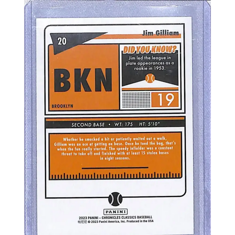 2023 Panini Chronicles Classics #20 Jim Gilliam NM-MT Los Angeles Dodgers - Baseball Card Single