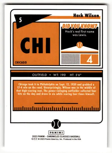 2023 Panini Chronicles Classics #5 Hack Wilson NM Near Mint Cubs ID:64058 - Baseball Card Single