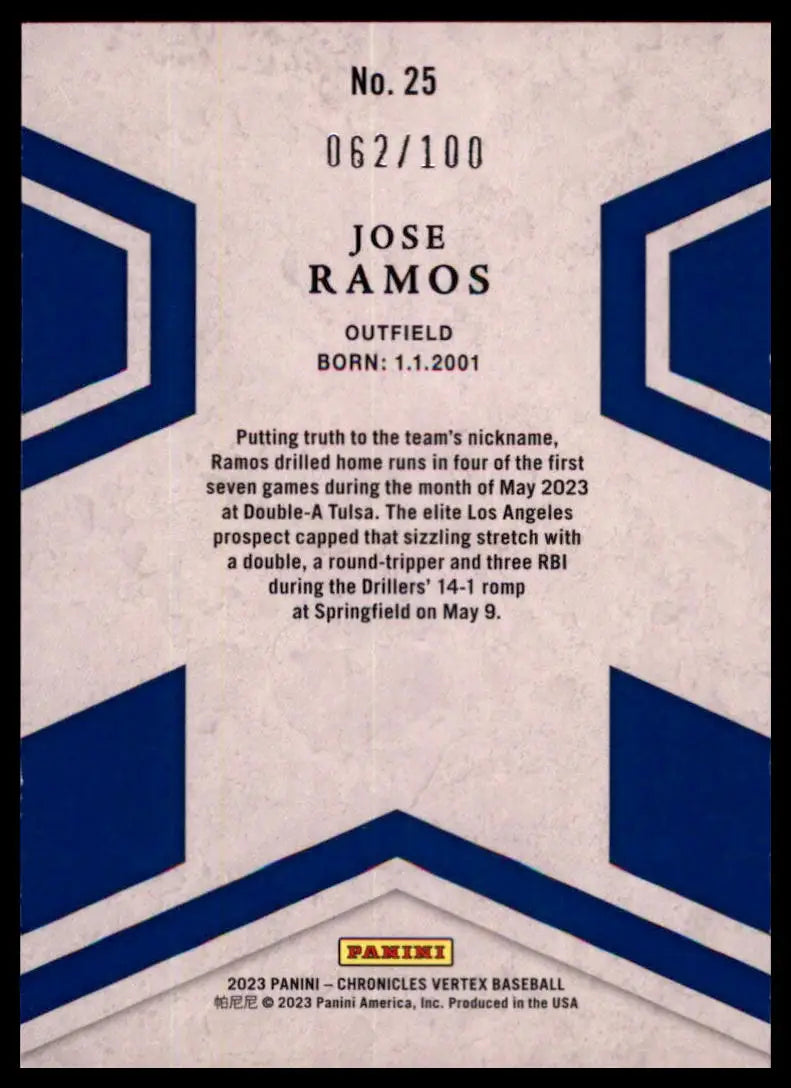 2023 Panini Chronicles - Vertex Red /100 Jose Ramos 25 Los Angeles Dodgers NM - Baseball Card Single