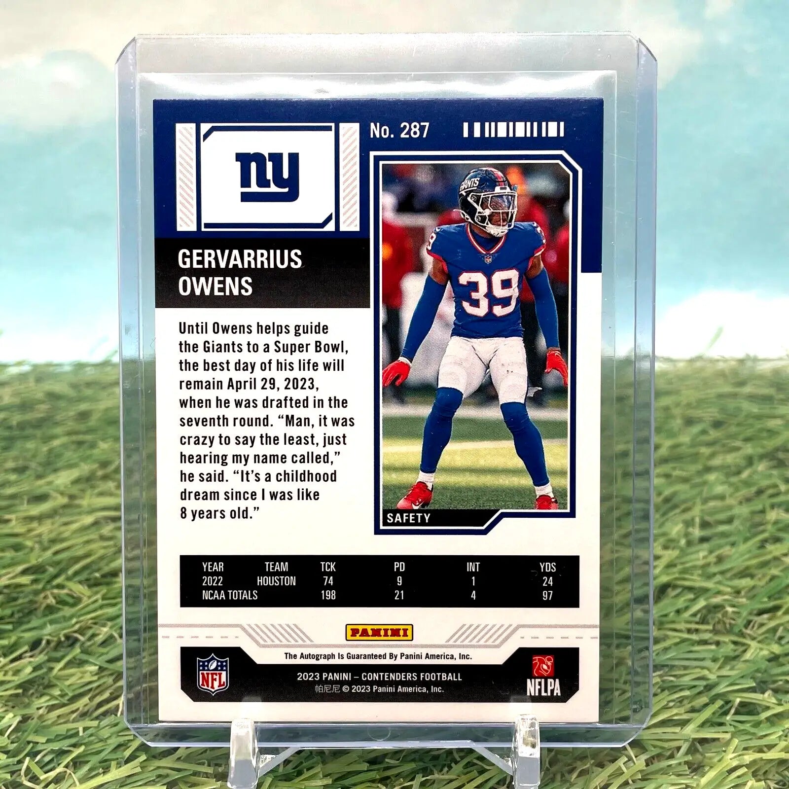 NFL trading card of Gervarrius Owens in jersey #39, 2023 Panini Contenders Rookie Ticket Auto