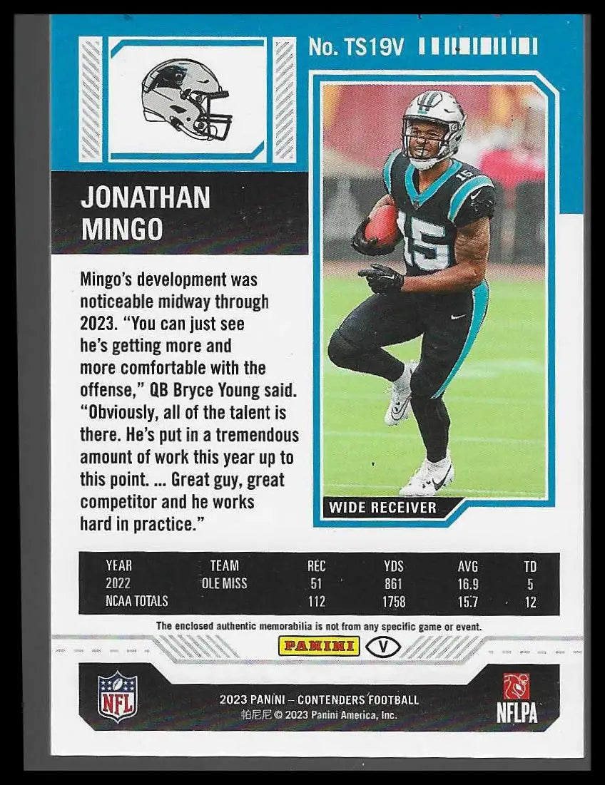 2023 Panini Contenders Rookie Ticket Swatches Variations #TS19V Jonathan Mingo