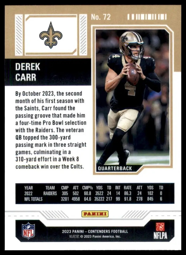 2023 Panini Contenders Season Ticket Derek Carr #72 New Orleans Saints Football - Football Card Single