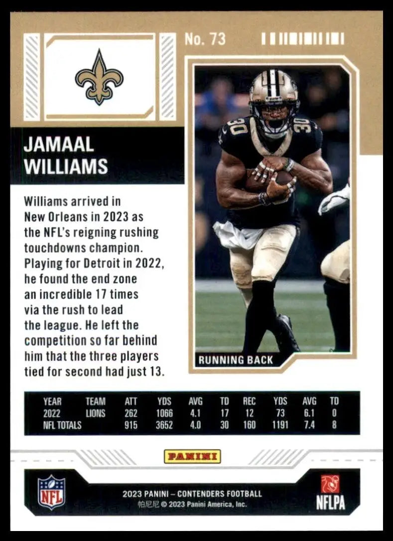 2023 Panini Contenders Season Ticket Jamaal Williams #73 New Orleans Saints Card