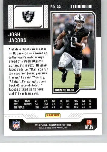 Josh Jacobs football card from 2023 Panini Contenders Season Ticket Retail