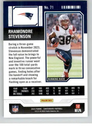 Football trading card from 2023 Panini Contenders Season Ticket Retail featuring Rhamondre Stevenson