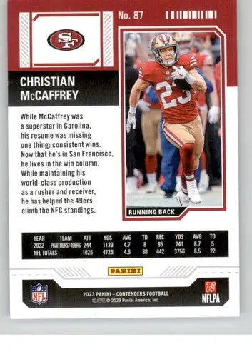 Christian McCaffrey football card from 2023 Panini Contenders Season Ticket Retail