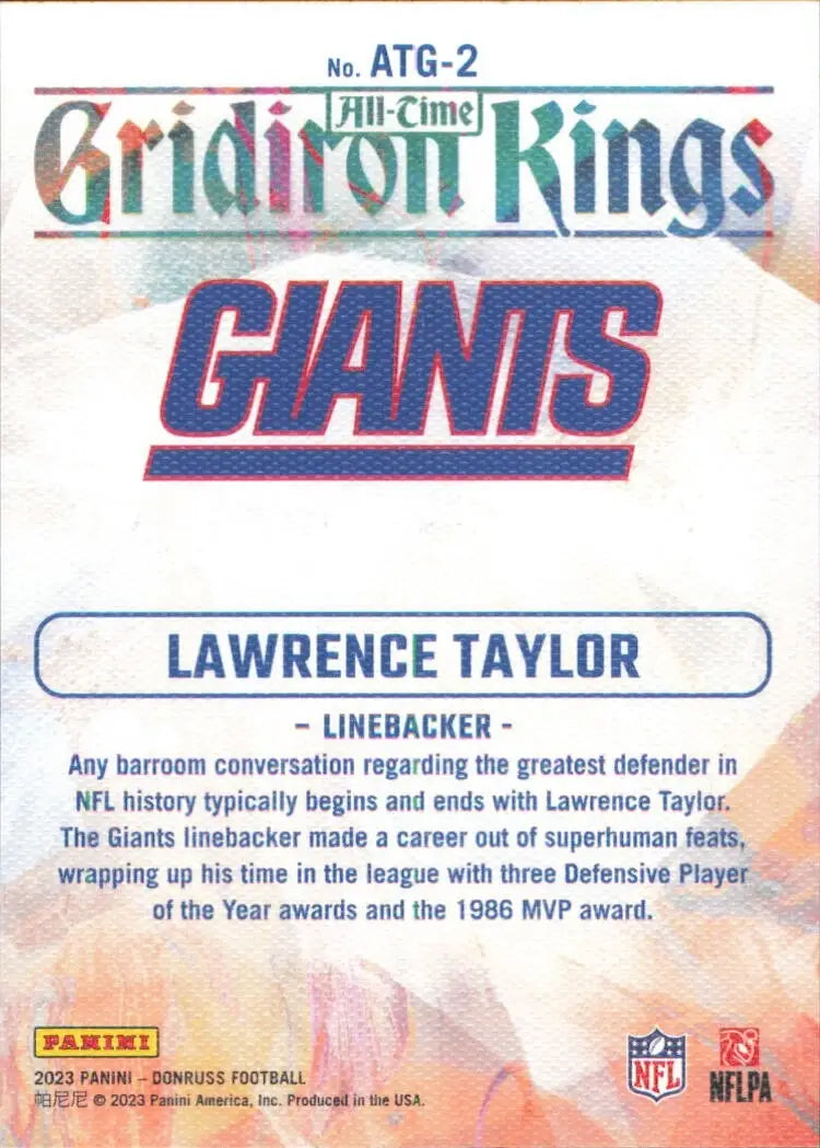 2023 Panini Donruss All Time Gridiron Kings #ATG-2 Lawrence Taylor NY Giants NFL - Football Card Single