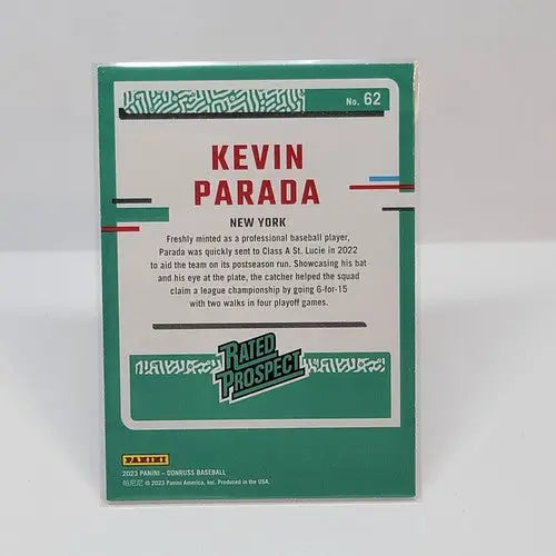 Kevin Parada baseball card from 2023 Panini Donruss Kevin Parada Holo Orange Rated Prospect