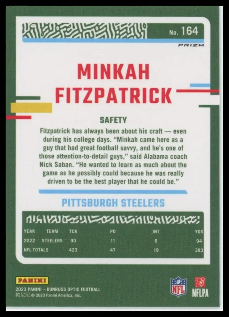 2023 Panini Donruss Optic Holo Minkah Fitzpatrick #164 Pittsburgh Steelers Card - Football Card Single