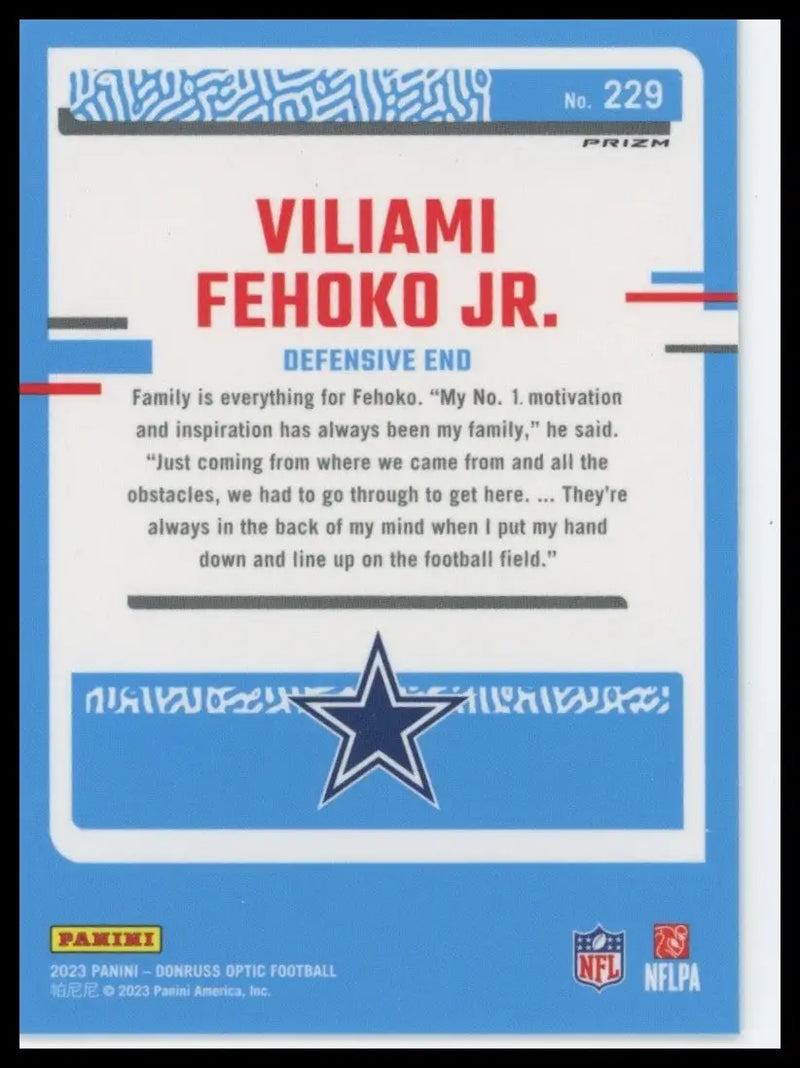 2023 Panini Donruss Optic Holo Rookie Viliami Fehoko Jr #229 Dallas Cowboys Card - Football Card Single