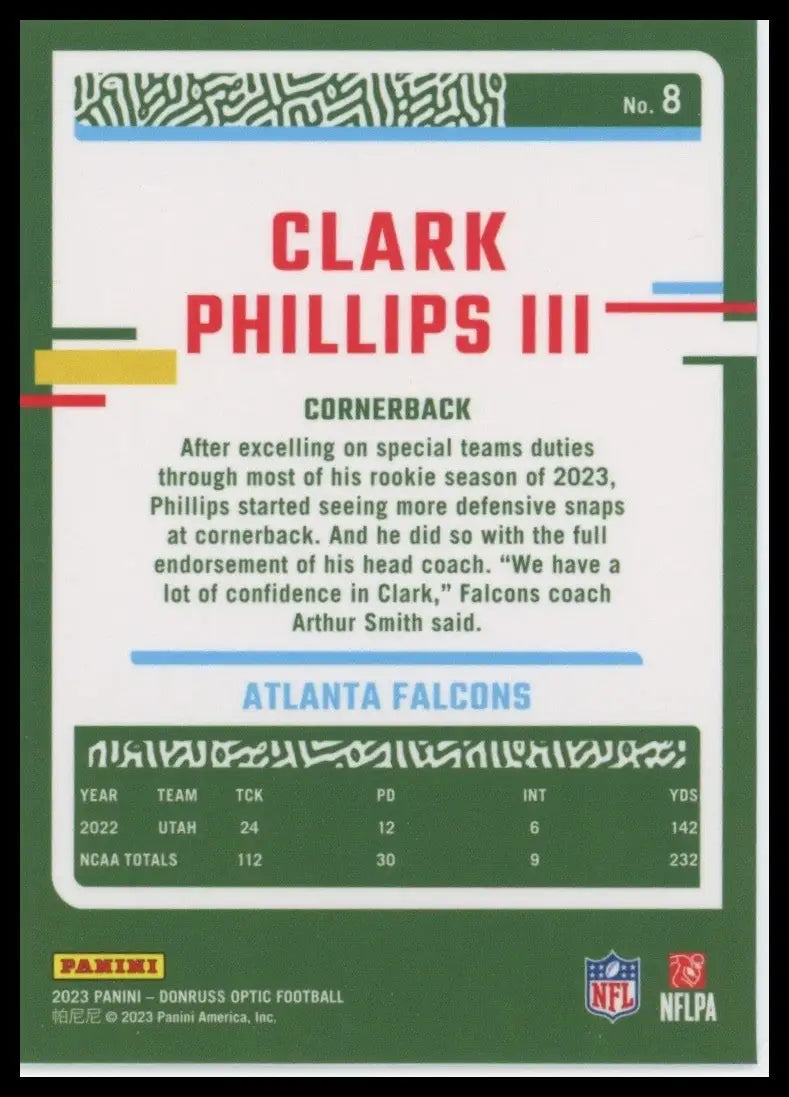 2023 Panini Donruss Optic Rookie Clark Phillips III #8 Atlanta Falcons Football - Football Card Single