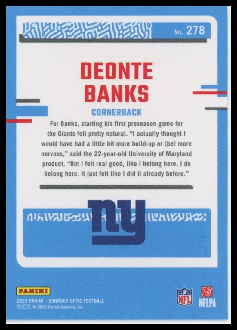 2023 Panini Donruss Optic Rookie Deonte Banks #278 New York Giants Football Card