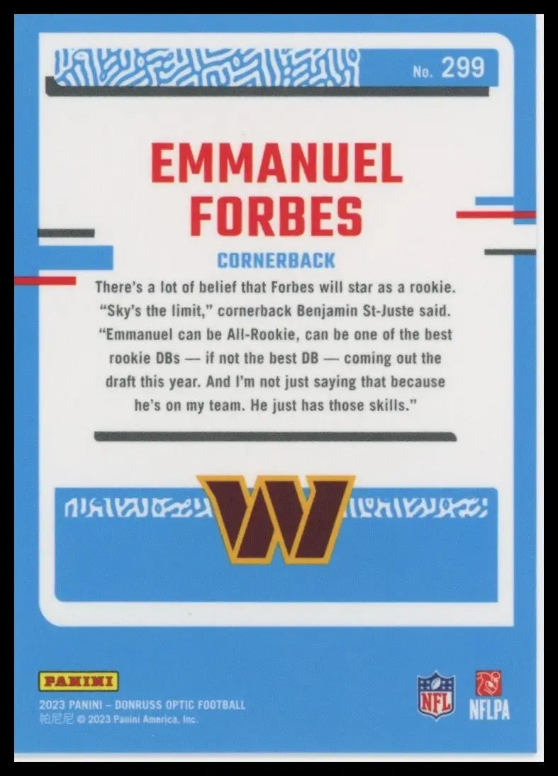 2023 Panini Donruss Optic Rookie Emmanuel Forbes #299 Washington Commanders Card - Football Card Single