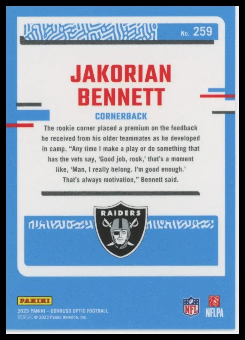 2023 Panini Donruss Optic Rookie Jakorian Bennett #259 Las Vegas Raiders Card - Football Card Single