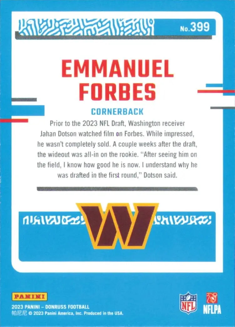 2023 Panini Donruss Rated Rookie #399 Emmanuel Forbes Washington Commanders Card