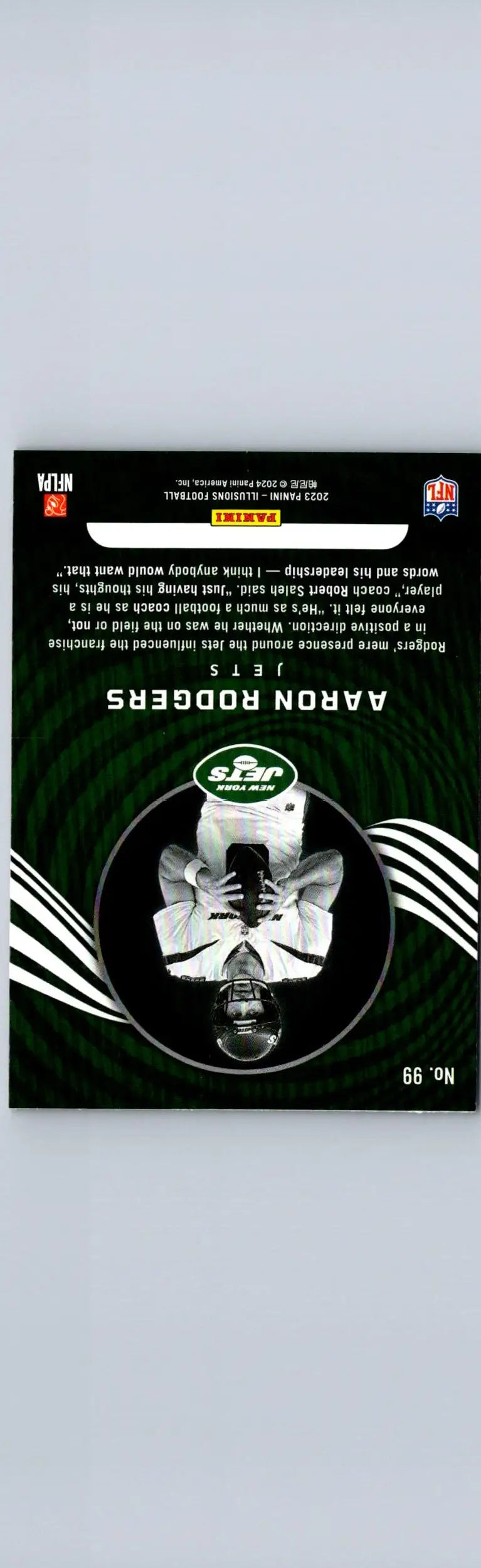 Black football trading card featuring Aaron Rodgers upside-down image with green spiral design