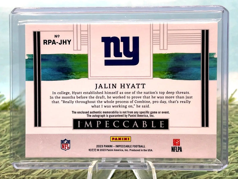 Jalin Hyatt football card from Panini Impeccable Football 2023 NY Giants RPA /49
