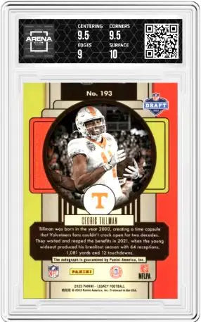 2023 Panini Legacy Cedric Tillman #193 Rookie Prem Pen Auto Football AC 9.5 - Football Card Single