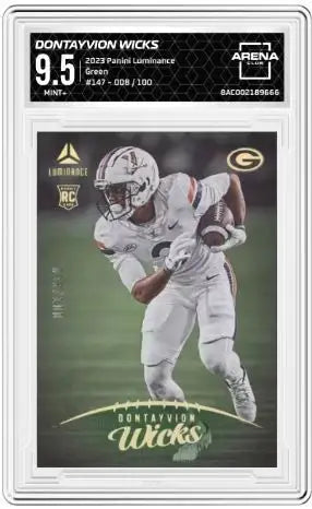 2023 Panini Luminance Dontayvion Wicks #147 Green 008/100 Arena Club 9.5 - Football Card Single