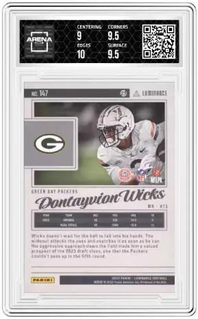 2023 Panini Luminance Dontayvion Wicks #147 Green 008/100 Arena Club 9.5 - Football Card Single