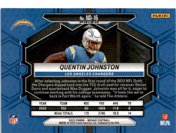 2023 Panini Mosaic #ND-16 Quentin Johnston Reactive Blue Mosaic - Football Card Single