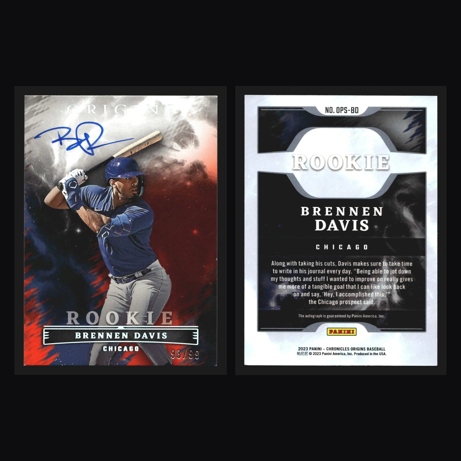 2023 Panini Origins Brennen Davis #OPS-BD Red Auto /99 RC Cubs - Baseball Card Single