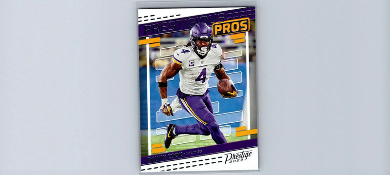 2023 Panini Prestige Dalvin Cook Prestigious Pros NFL trading card with Vikings player in running pose