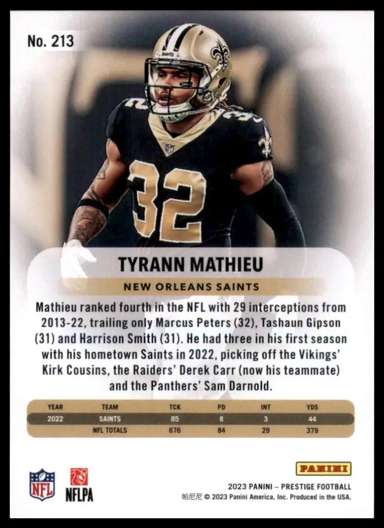 2023 Panini Prestige Tyrann Mathieu #213 New Orleans Saints Football Card NFL - Football Card Single