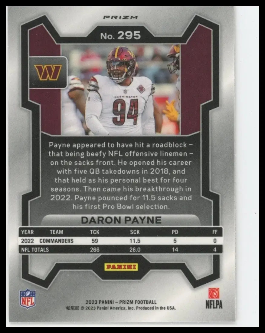 2023 Panini Prism Orange Laser Daron Paye #295 Washington Commanders Football