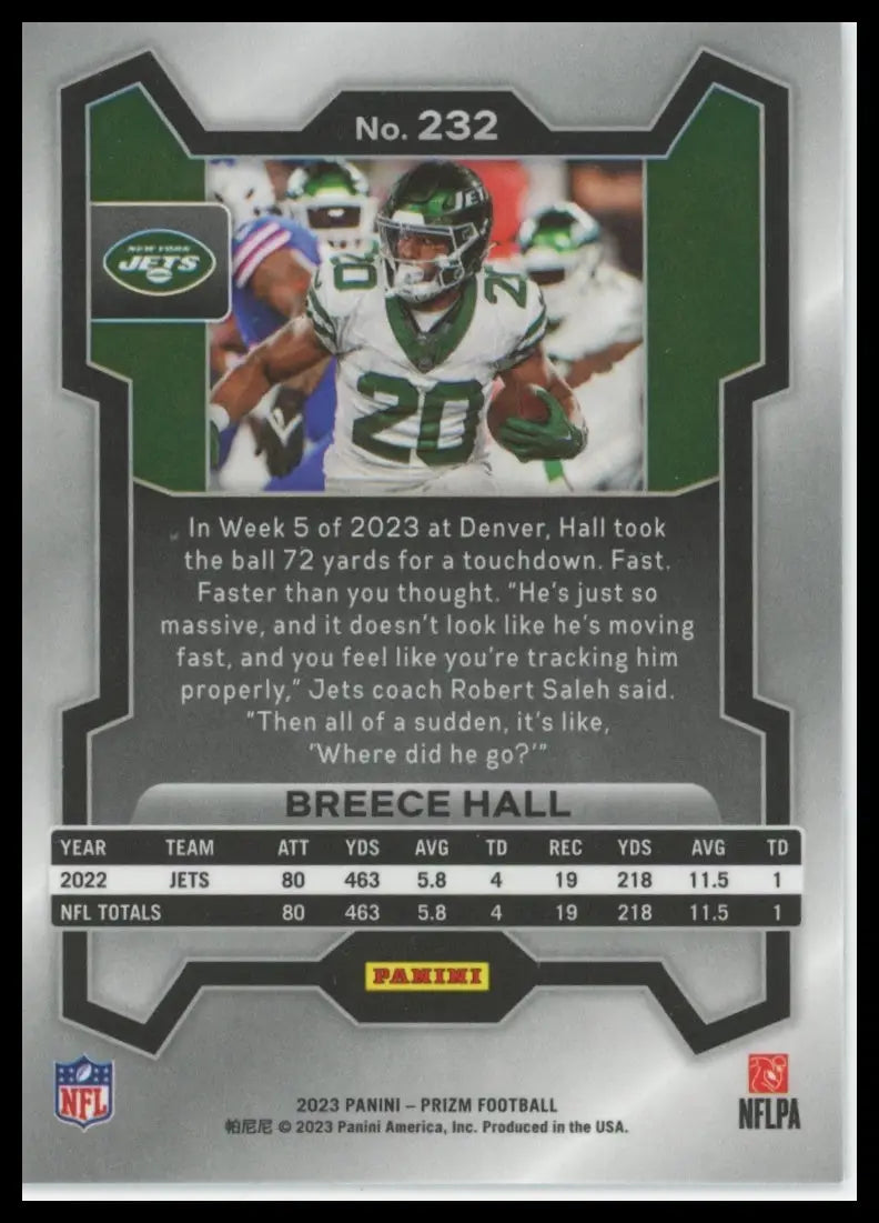 2023 Panini Prizm Breece Hall 232 New York Jets - Football Card Single